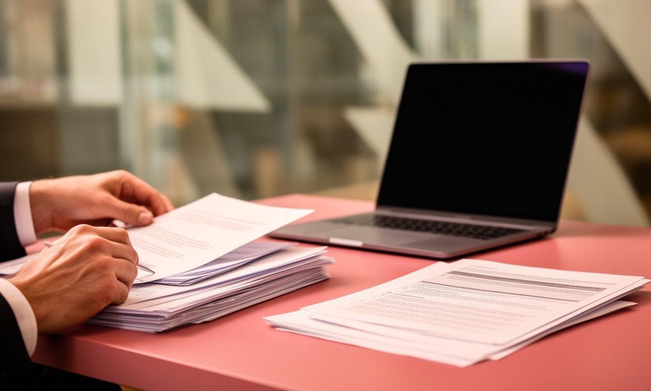 Solicitor reviewing a drafted contract at a polished desk with a laptop and annotated papers
