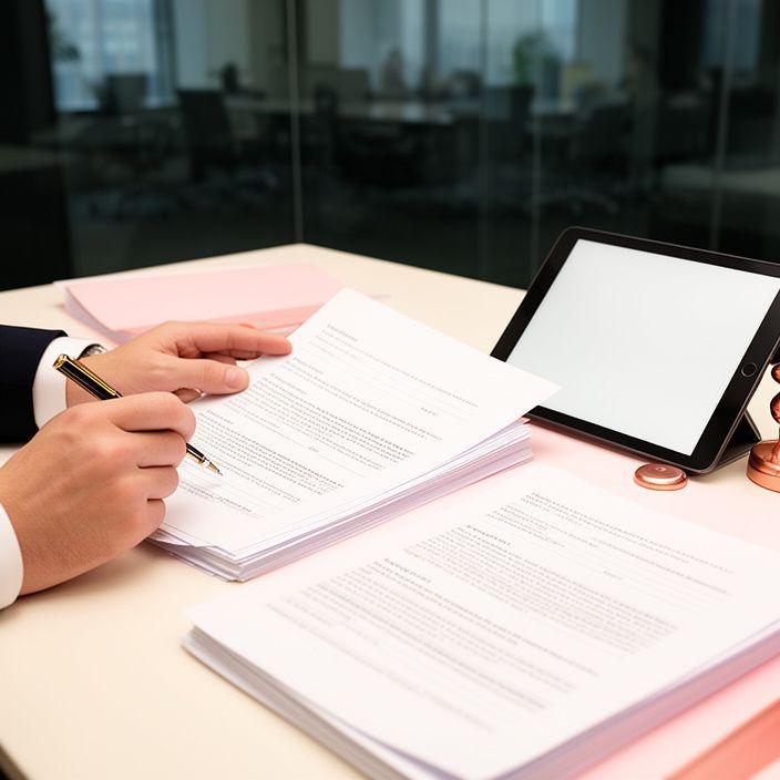 Lawyer marking up contract pages beside a tablet in a calm glass-walled meeting room
