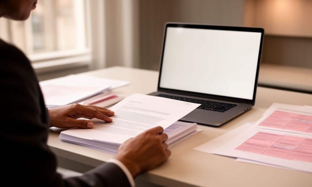 Legal adviser reviewing a contract at a desk with a laptop and annotated papers in a modern London office