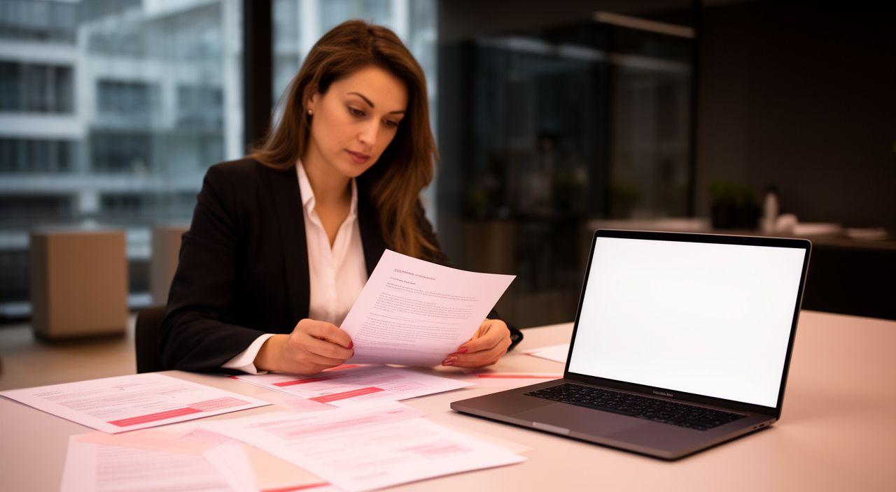 Solicitor reviewing a contract at a desk beside a laptop and annotated papers in a modern London office