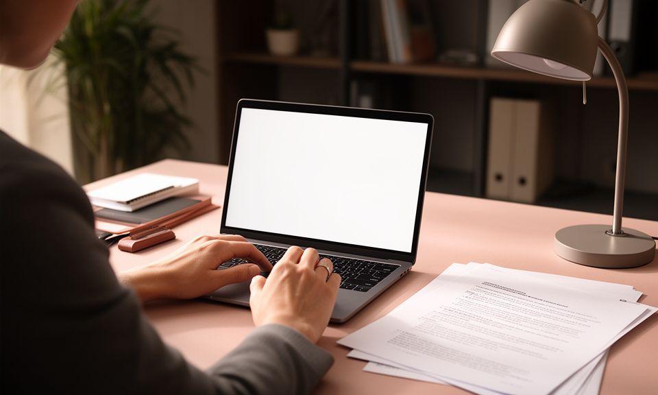 Business owner reviewing a supplier agreement on a laptop in a quiet office setting