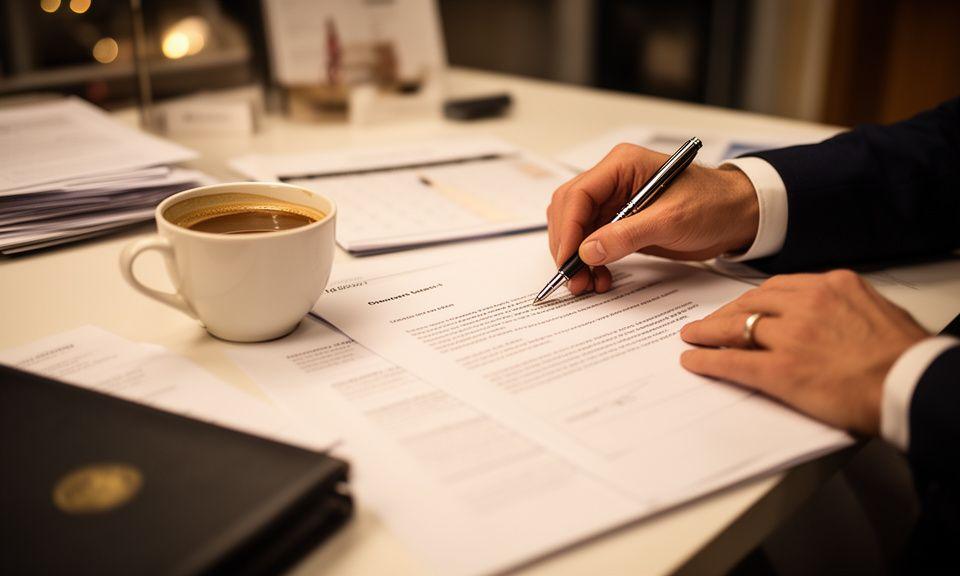 Solicitor marking up a draft agreement beside a cup of coffee and office notes