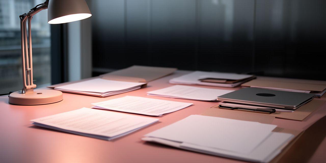 Solicitor reviewing contract notes beside a desk lamp in a modern London office