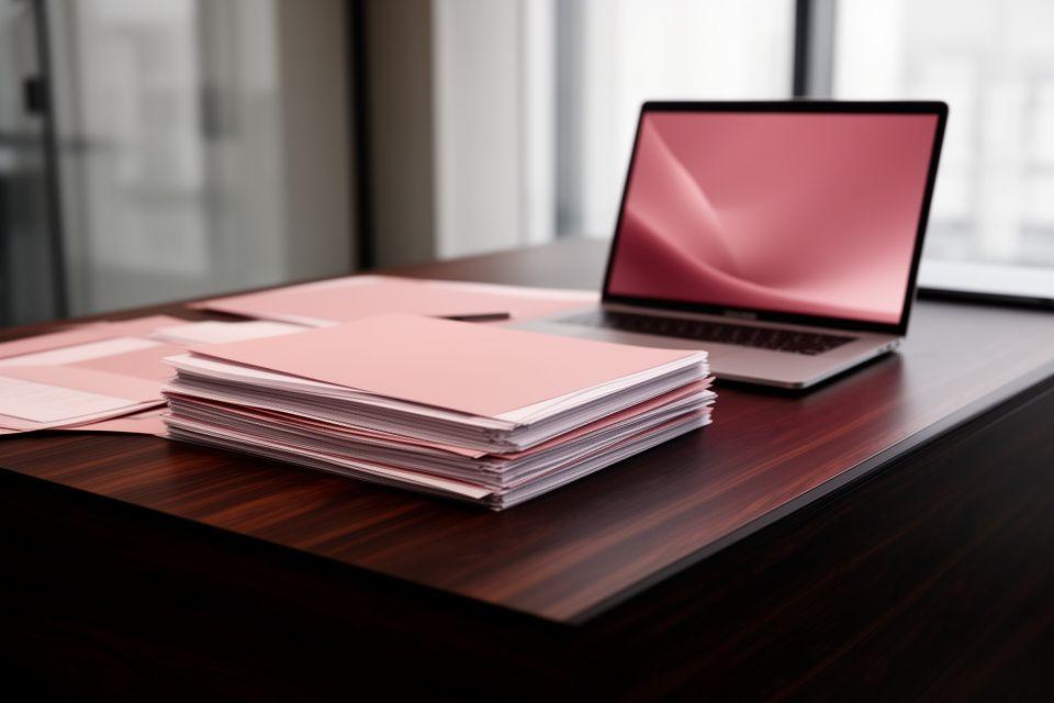 Legal documents and a laptop on a dark oak desk in a modern London office